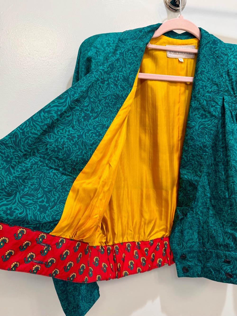 Vintage 80s Platinum by Dorothy Schoelen 100% Silk Teal Jacquard Crop Jacket S - Picture 3 of 14